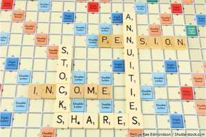 Scrabble board showing the words pension income, annuities, stocks and shares