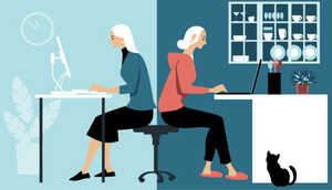 Hybrid work illustration, showing a woman dividing her work time between an office and home